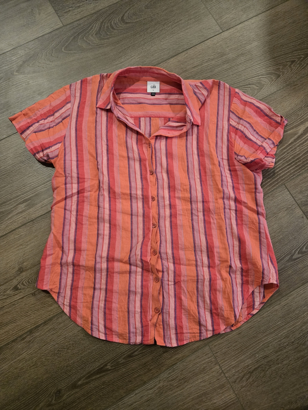 CAbi Pink and Orange Striped Short Sleeve Button-Front Shirt
